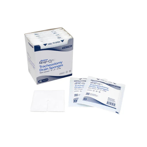 A box of tracheostomy drain sponges sits beside two individually packaged sponges and a single, unfolded sponge. The box and packaging indicate they are non-woven, 4" x 4", 6-ply.