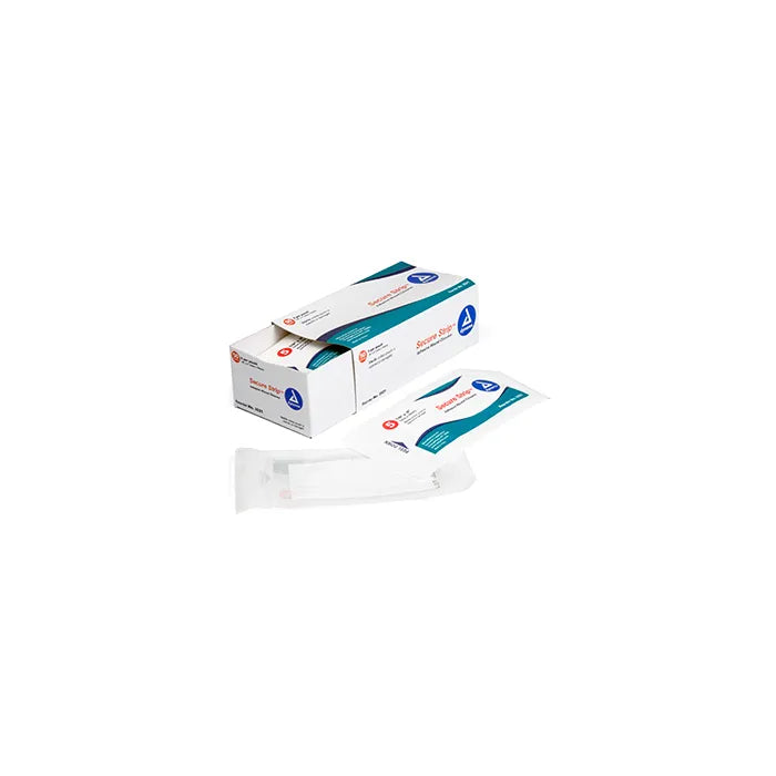 A box and individual package of Secure Strip sterile adhesive skin closures are shown on a white background.