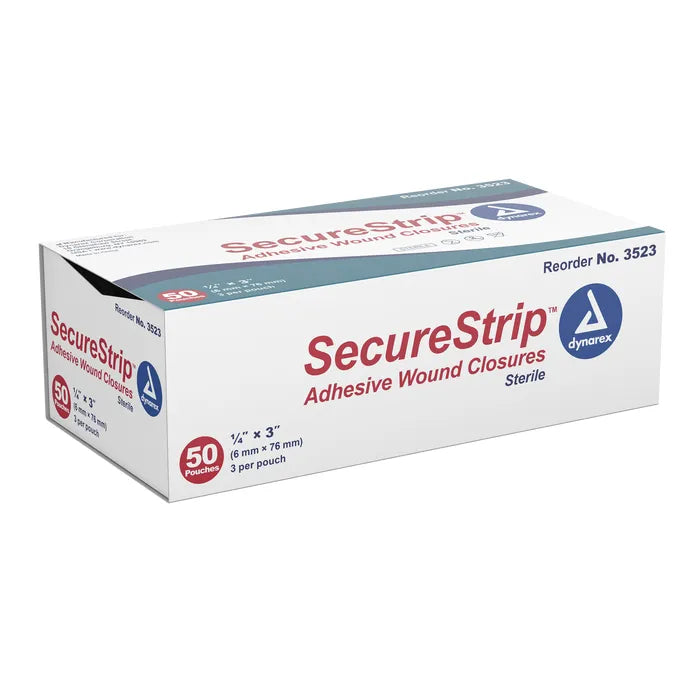 A box of SecureStrip Adhesive Wound Closures sits on a white background. It contains 50 sterile pouches, each with three 1/4" x 3" strips. Reorder number is 3523.