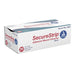 A box of SecureStrip Adhesive Wound Closures sits on a white background. It contains 50 sterile pouches, each with three 1/4" x 3" strips. Reorder number is 3523.