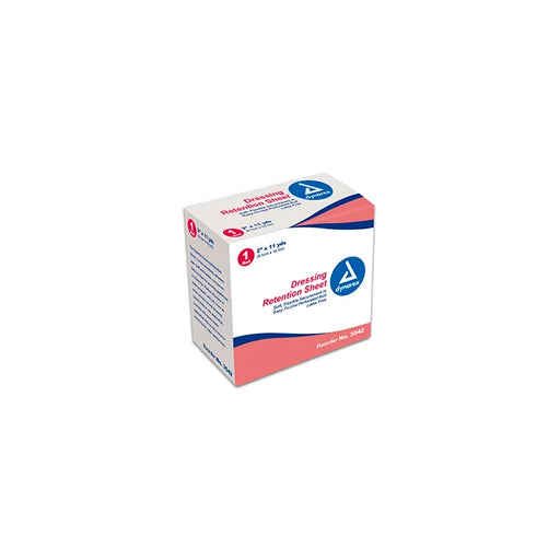 A box of Dynarex dressing retention sheets sits on a white background. The box is primarily white with pink and blue accents. It contains one 3" x 11 yd roll.