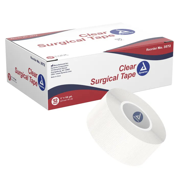 A roll of clear surgical tape rests atop its box. The box contains twelve rolls and is labeled "Clear Surgical Tape," with manufacturer information.
