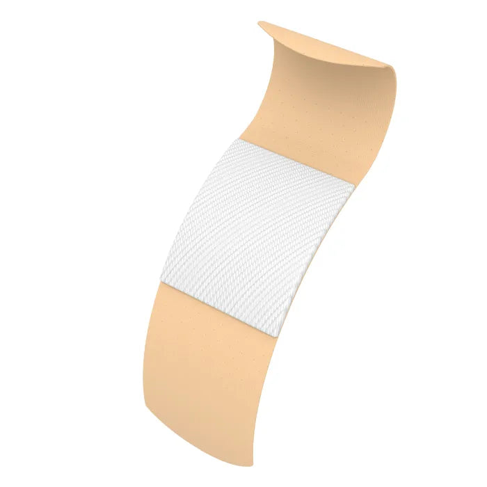 A bandage, curved and displayed, shows a beige adhesive backing and a white woven center.