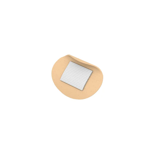 A beige adhesive bandage, with a small, square, white absorbent pad in the center, sits on a plain white background.