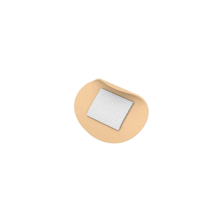 A beige adhesive bandage, with a small, square, white absorbent pad in the center, sits on a plain white background.