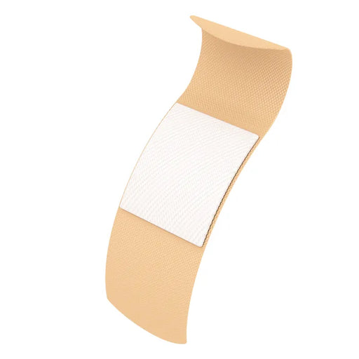 A beige adhesive bandage, slightly curved, rests on a plain white background. The bandage has a centrally located, small, white adhesive pad.