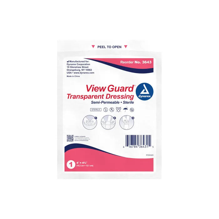 A sterile, semi-permeable transparent dressing is packaged for sale. It is labeled "View Guard Transparent Dressing," indicating its purpose and brand. The package shows application instructions. Reorder number is 3643.