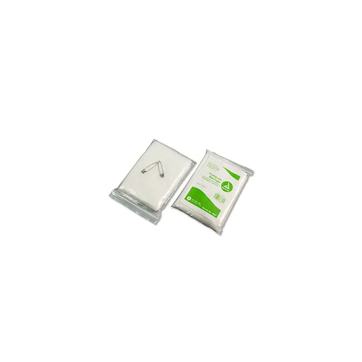 Two triangular bandages lie in clear plastic packaging; one shows safety pins.