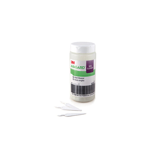 A jar of 3M Avagard nail cleaner sits beside three white, triangular applicators.
