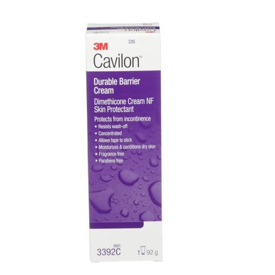 A purple tube of 3M Cavilon Durable Barrier Cream sits upright. It protects skin from incontinence. The tube is labeled with product details and its contents are described as concentrated and fragrance-free.