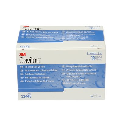 A 3M Cavilon box sits on a white background. It contains 30, 1ml units of a sterile, non-irritating No Sting Barrier Film. The box is labeled in multiple languages.