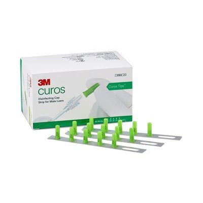 A box of 3M Curos disinfecting caps for male luer sits beside a strip of lime green caps. The box shows a cap being applied. "Curos Tips" is printed on the box.