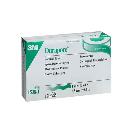 A box of 3M Durapore surgical tape sits upright. The box contains twelve rolls, each measuring 1 inch by 10 yards (2.5 cm x 9.1 m). The hypoallergenic tape is labeled in multiple languages.