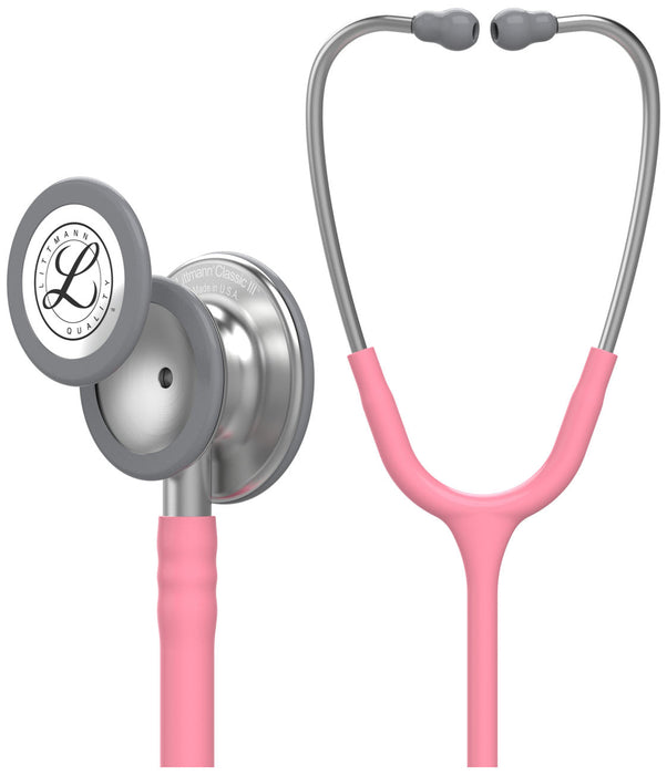 A Littmann Classic III stethoscope, pink and gray, is shown in two views against a white background. "Littmann Classic III Made in U.S.A." is printed on the chest piece.