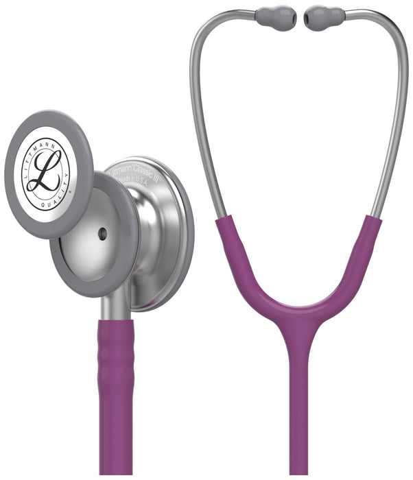 A purple Littmann Classic III stethoscope is shown, its components displayed separately and together. "Littmann Classic III" and "Made in U.S.A." are inscribed.