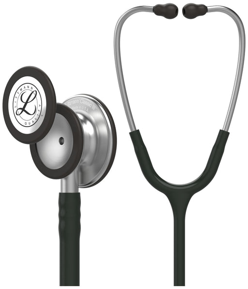 A Littmann Classic III stethoscope, with a dark green tubing, is shown in a product shot against a white background. The text "Littmann Classic III" and "Made in U.S.A." is visible on one of the chestpieces.