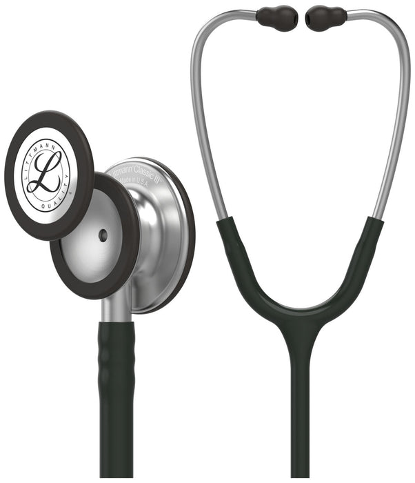A Littmann Classic III stethoscope, with a dark green tubing, is shown in a product shot against a white background. The text "Littmann Classic III" and "Made in U.S.A." is visible on one of the chestpieces.