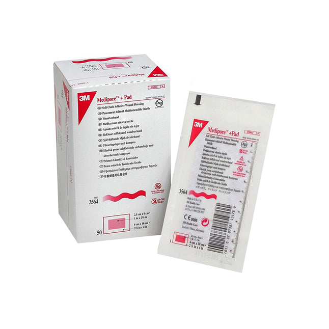 A box and individual package of 3M Medipore+ Pad, a self-adherent wound dressing, are shown. The packaging is white and pink with multilingual text describing the product.