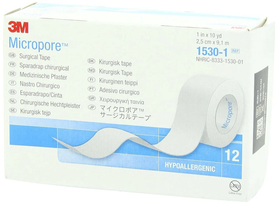 A roll of 3M Micropore™ hypoallergenic surgical tape sits on a box, showcasing its contents and multilingual labeling. The box contains 12 rolls. The product is 1 inch by 10 yards (2.5 cm x 9.1 m), reference number 1530-1, NHRIC-8333-1530-01.