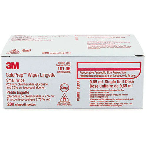 A box of 100 SoluPrep wipes sits on a white background. The wipes are for antiseptic skin preparation, and each is a single 1.5 mL dose. The box is white with red and black labeling.