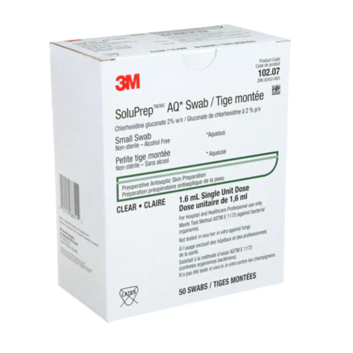 A box of 50 3M SoluPrep AQ swabs sits upright. The swabs are for preoperative antiseptic skin preparation, non-sterile, alcohol-free, and come in single 1.6 mL unit doses.