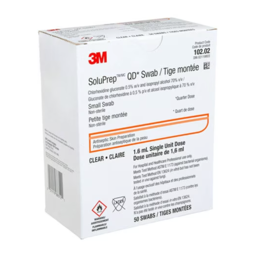 A box of 50 3M SoluPrep QD swabs sits upright. The swabs contain chlorhexidine gluconate and isopropyl alcohol for antiseptic skin preparation. The box is white with orange accents and contains product information in English and French.