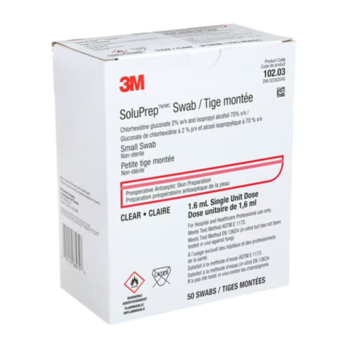 A box of 50 3M SoluPrep swabs sits upright. Each swab contains 1.6ml of antiseptic solution for preoperative skin preparation. The box is labeled with product details and warnings.