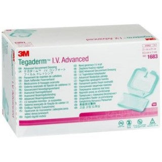 A box of 3M Tegaderm I.V. Advanced transparent dressings sits on a surface. The box displays product information and an illustration of the dressing in multiple languages. The product number 1683 is visible.