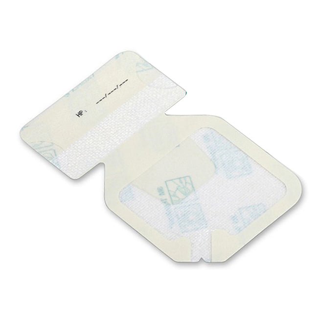 A beige and white adhesive dressing, folded to protect a central absorbent pad, is shown against a white background. HP is printed on the top.