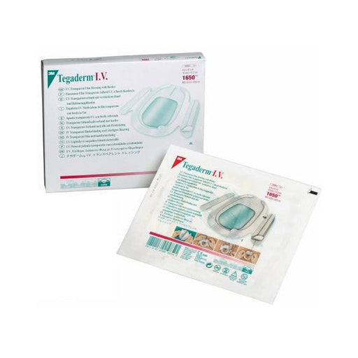 A TegaDerm I.V. transparent film dressing, packaged in a box and individually, is shown. The dressing is designed for use with an IV. The box and packaging contain instructions in multiple languages. 1650 is a product code.