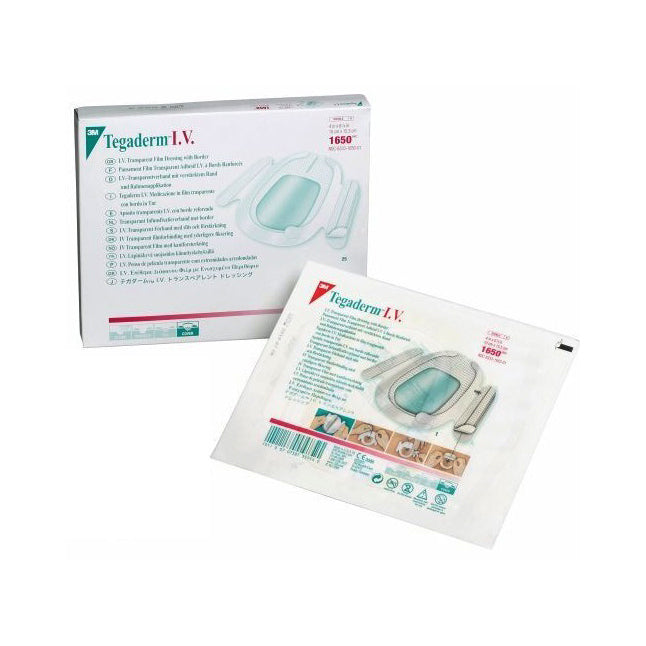 A TegaDerm I.V. transparent film dressing, packaged in a box and individually, is shown. The dressing is designed for use with an IV. The box and packaging contain instructions in multiple languages. 1650 is a product code.