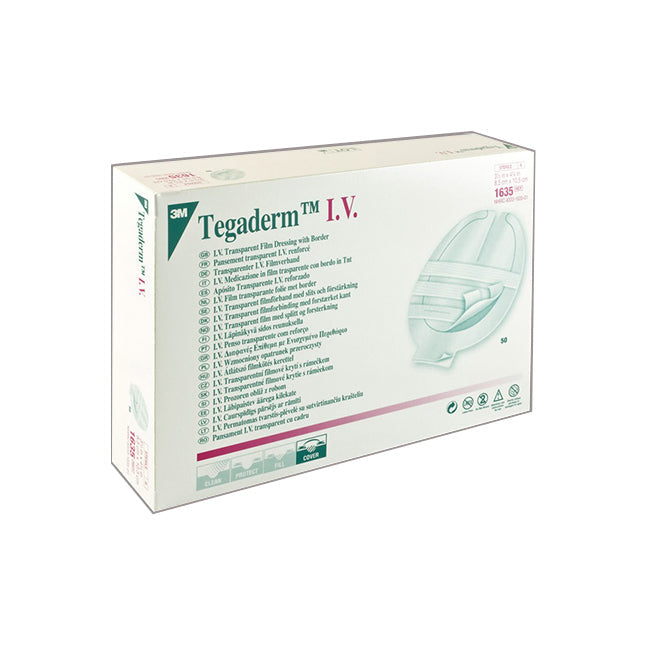 A box of 3M Tegaderm I.V. transparent film dressings sits upright. The box displays the product's name and features in multiple languages.