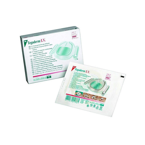 Tegaderm I.V. transparent film dressings are shown in their packaging. One is in a box, the other is individually packaged. Both show a curved, adhesive dressing, suitable for intravenous sites. Product number 1655 is displayed.