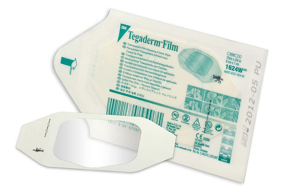 A transparent film dressing lies on its packaging; it is ready for use. The packaging provides instructions and product information, including the product number 1624W.