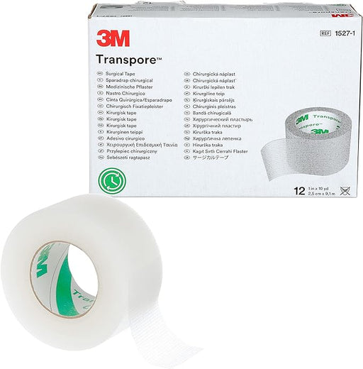 A roll of 3M Transpore surgical tape rests beside its packaging; the box lists the product name and its translation in numerous languages.