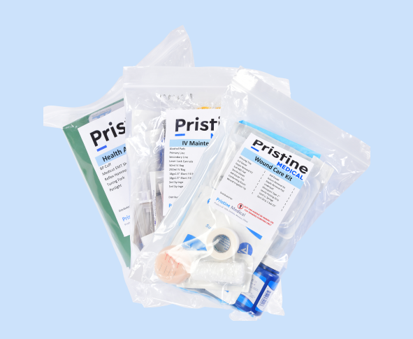 Three Pristine Medical kits—a Health Aid, IV Maintenance, and Wound Care kit—are contained within clear plastic bags.