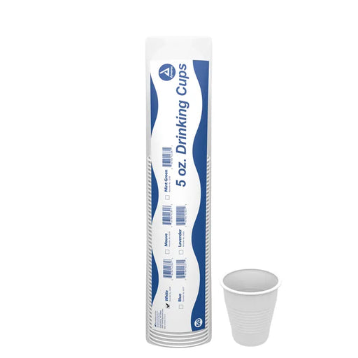 Fifty 5-oz. drinking cups are packaged together; one cup is displayed separately. Mint Green, Mauve, Lavender, White, and Blue color options are listed on the packaging.