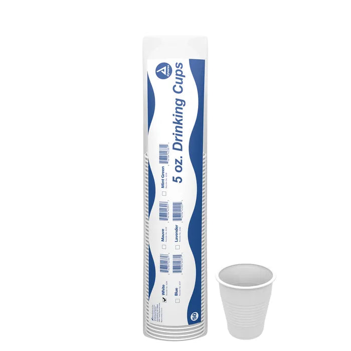 Fifty 5-oz. drinking cups are packaged together; one cup is displayed separately. Mint Green, Mauve, Lavender, White, and Blue color options are listed on the packaging.