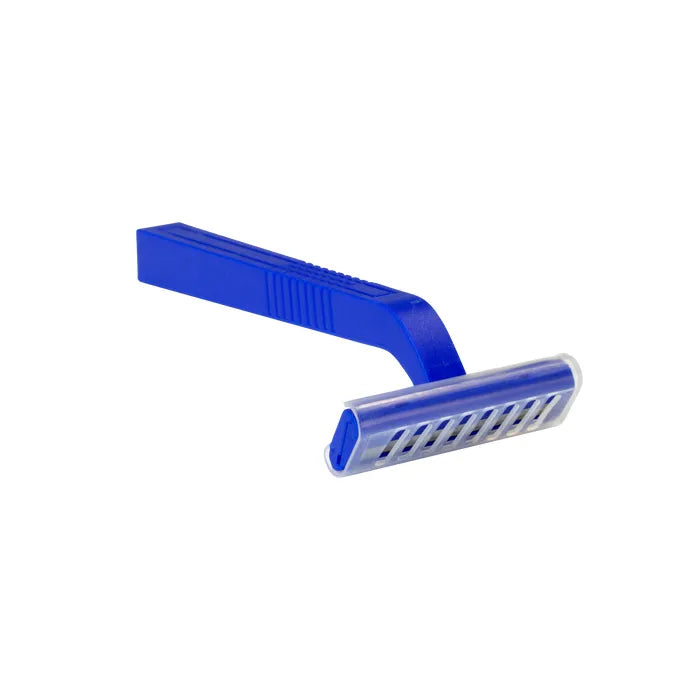 A blue plastic razor rests on a white background. The razor is positioned at an angle, showing its handle and blade.