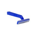 A blue plastic razor rests on a white background. The razor is positioned at an angle, showing its handle and blade.