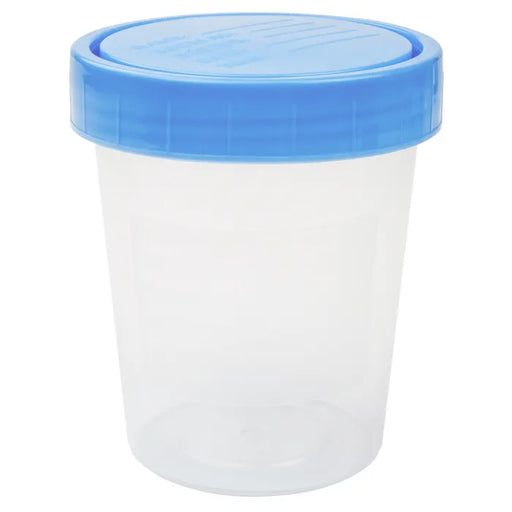 A clear plastic container with a light blue lid sits on a white background.