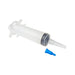 A clear plastic syringe lies disassembled on a white background; a small blue nozzle sits beside it.