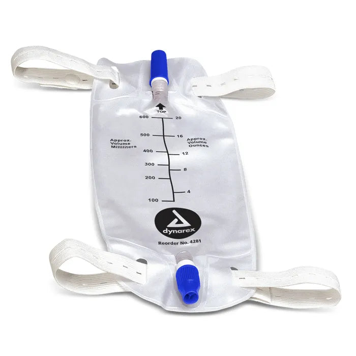 A Dynarex urine collection bag, with attached tubing, sits on a white background; the bag features volume measurements in milliliters and ounces. Reorder No. 4281 is printed on the bag.