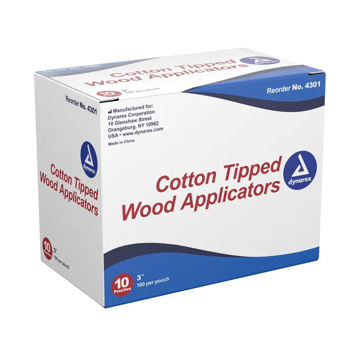 A box of cotton tipped wood applicators sits on a plain white background. The box is predominantly white with blue accents and features the text "Cotton Tipped Wood Applicators".