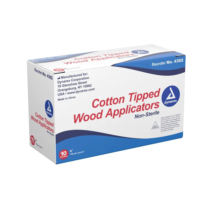 A box of cotton-tipped wood applicators sits on a white background. The box is labeled "Cotton Tipped Wood Applicators Non-Sterile," and includes manufacturing information and reorder number 4302.