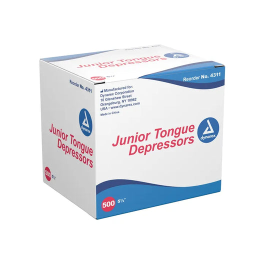 A box of 500 junior tongue depressors sits on a white background. The box is white with blue accents and contains product and manufacturer information. The manufacturer is Dynarex Corporation.