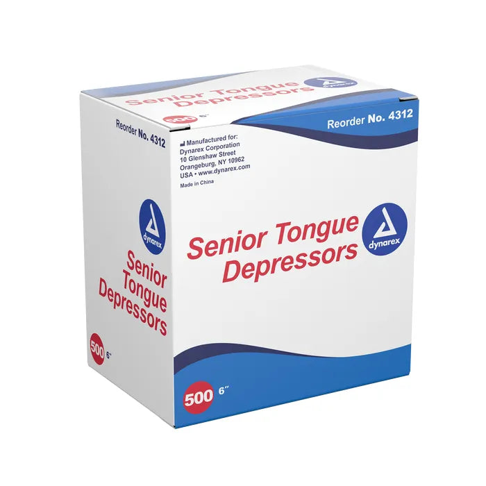 A box of 500 senior tongue depressors sits on a white background. The box is white with blue and red accents and includes manufacturing information.