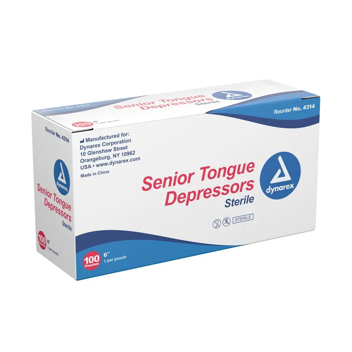 A box of 100 sterile senior tongue depressors, 6 inches long and individually pouched, sits on a white background. The box is labeled with manufacturing information and the company, Dynarex.
