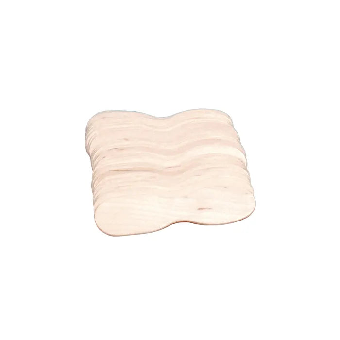 A stack of wooden spoons rests on a white background.