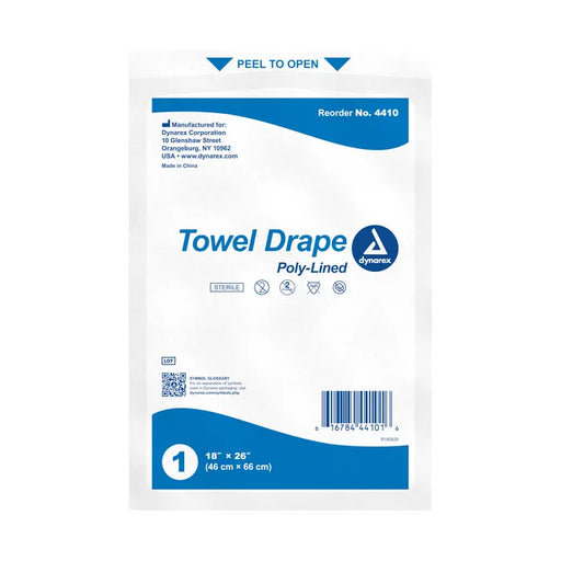 A sterile, poly-lined towel drape is packaged for single use; it measures 18" x 26" (46 cm x 66 cm), and the reorder number is 4410.